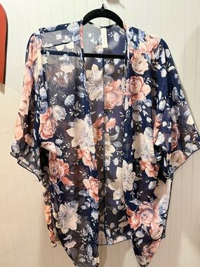 Peppermint Navy Floral Sheer Kimono with Pink & Cream Blooms
